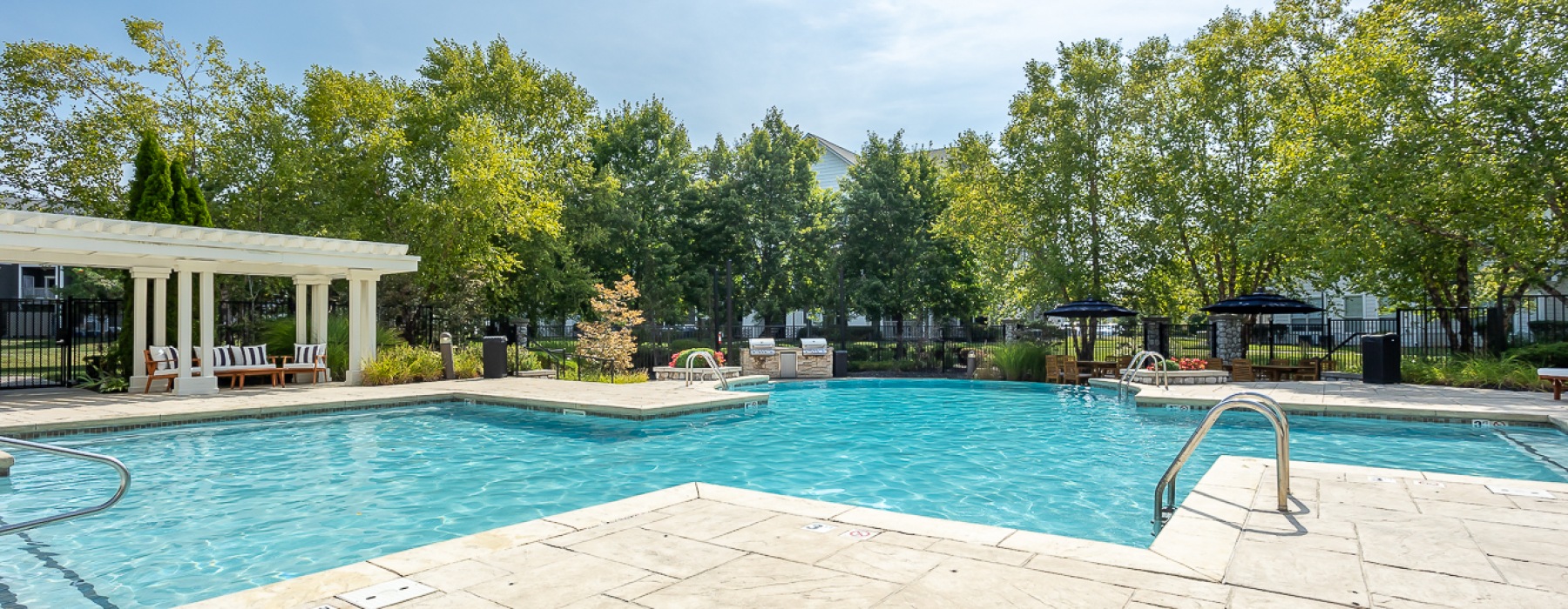 Pool and sundeck surrounded by trees