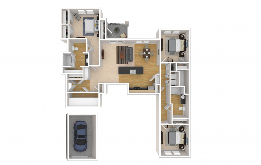 The Kelly - 3 bedroom floorplan layout with 2 baths and 1465 square feet.
